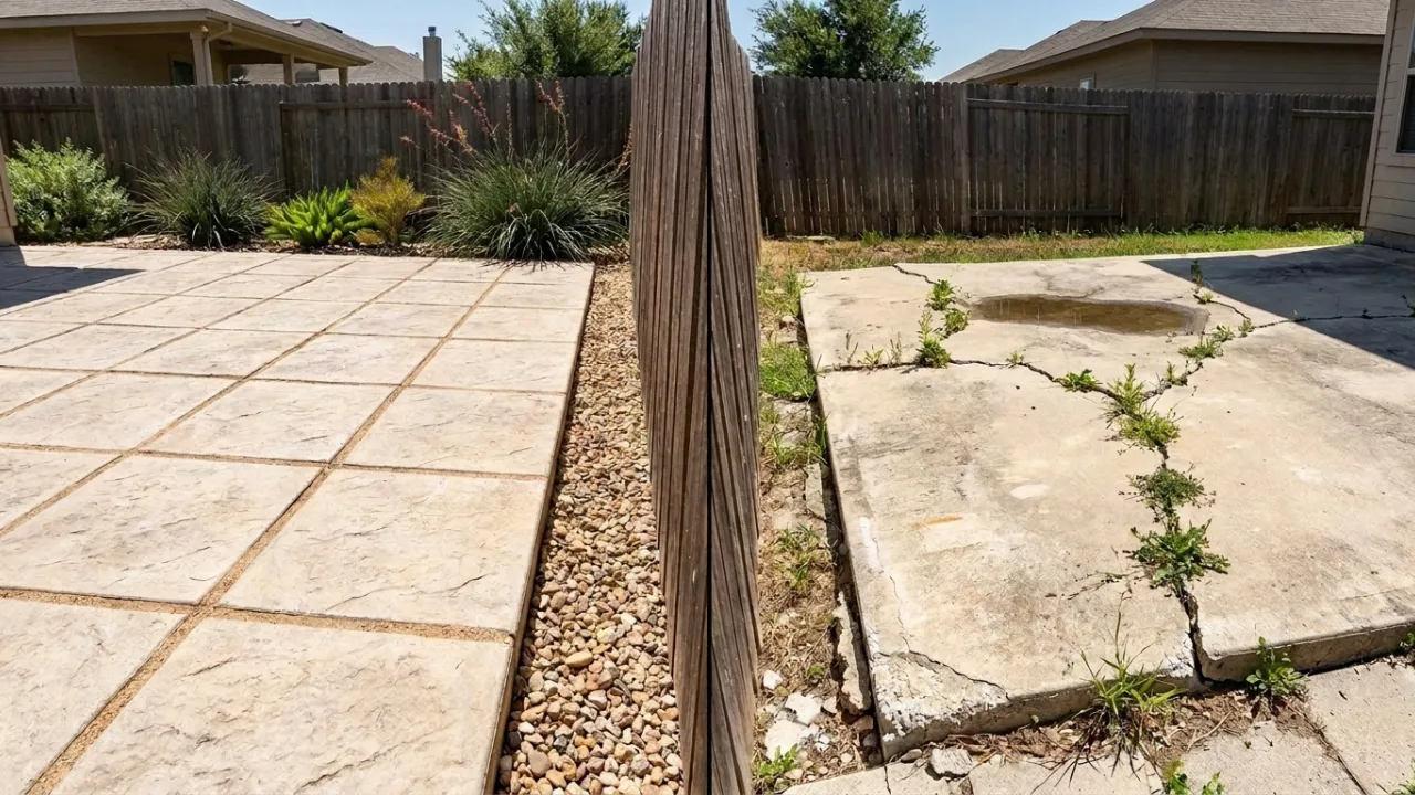 Well-built concrete patio in San Antonio, TX — properly poured slab with broom finish, control joints, and good drainage that supports decades of use in Texas heat and clay soil