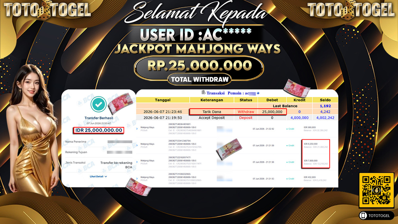 Bukti Pembayaran Jackpot Permainan Slot Mahjong Ways ID:AC*****LUNAS