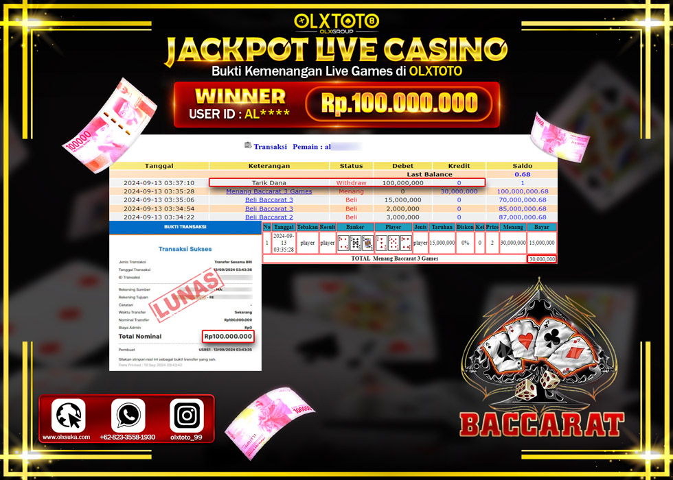 OLXTOTO JACKPOT  LIVE GAMES BACCARAT 3 Rp.100.000.000.,- LUNAS