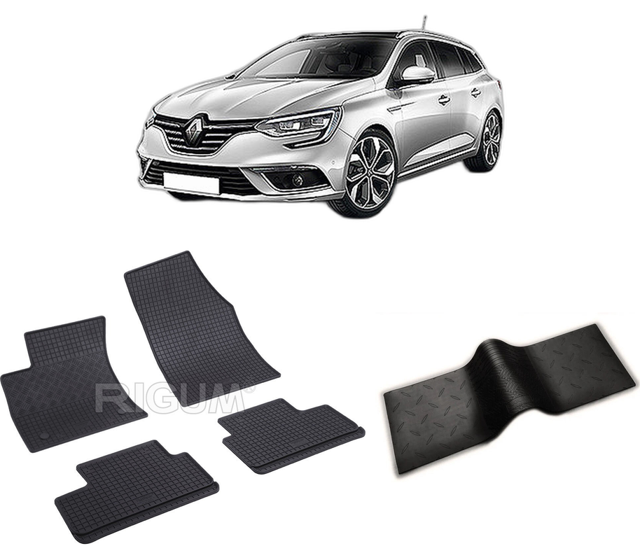 Set covorase auto RENAULT MEGANE IV din 09.2016-PREZENT, cu covoras tunel median, CAROSERIE COMBI, Presuri cauciuc 100%, compatibil cu autoturismul RENAULT MEGANE IV, Rigum