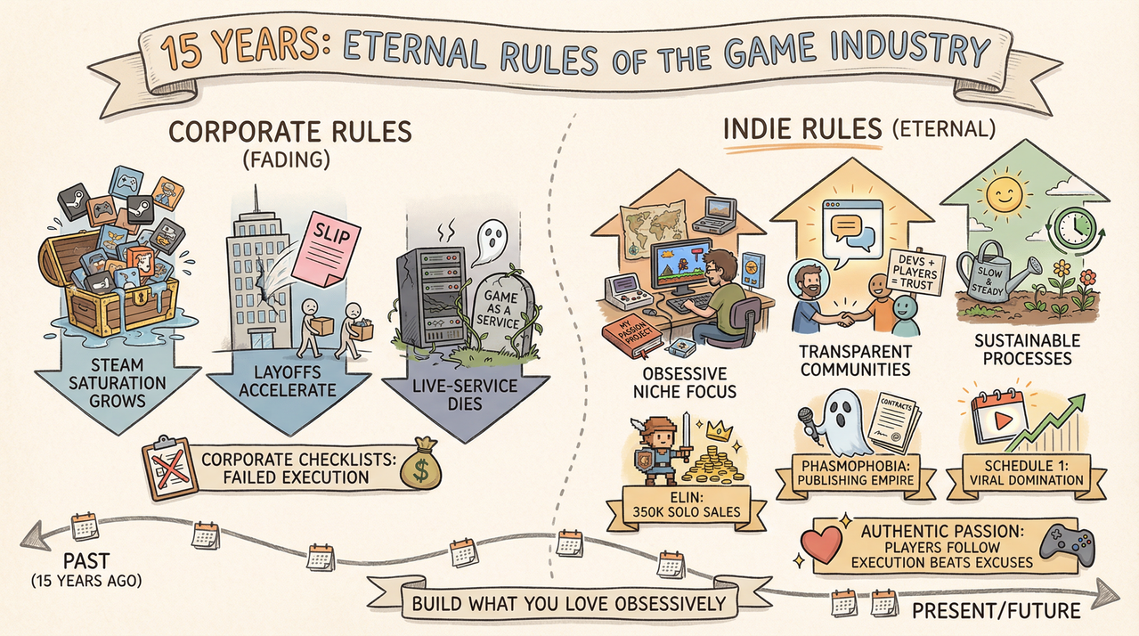 15 Years of Indie Dev Wisdom: 4 Rules That Beat Layoffs and Live-Service Hype 1 Solo indie developer coding late night with coffee and monitors