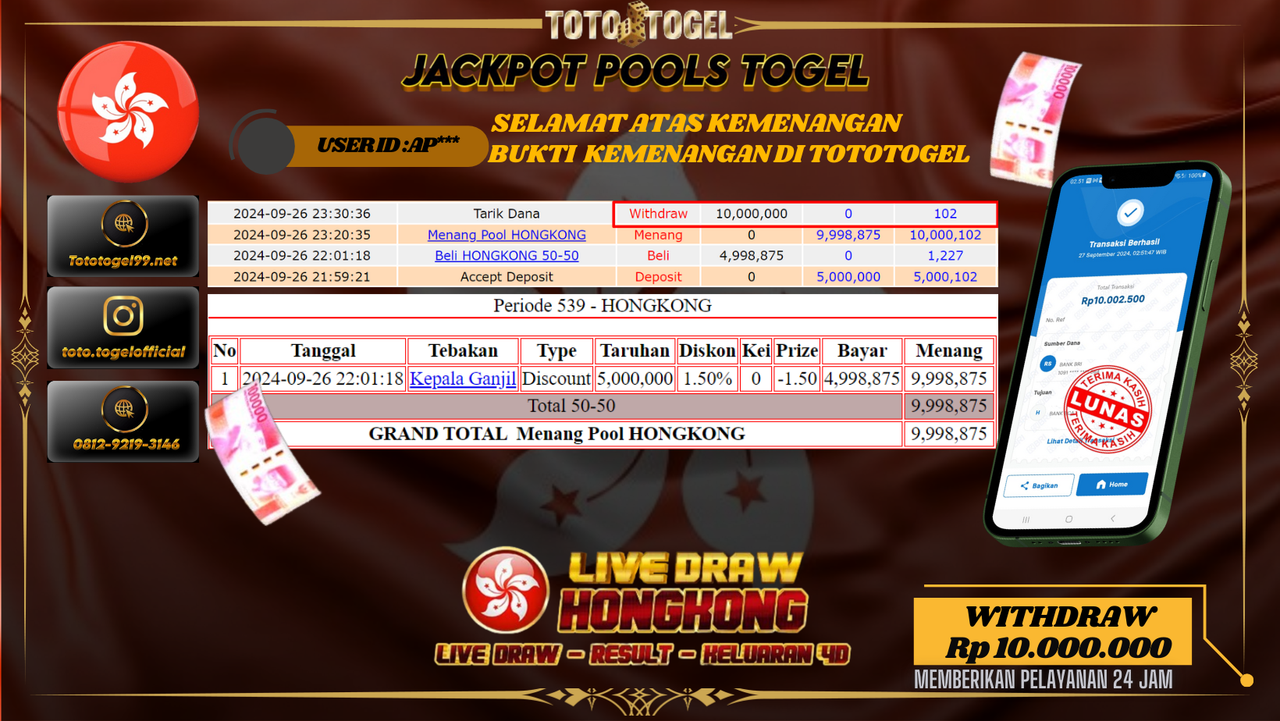 Bukti Kemenangan Permainan Pools Togel  ID : AP*** Terbayar Lunas!!