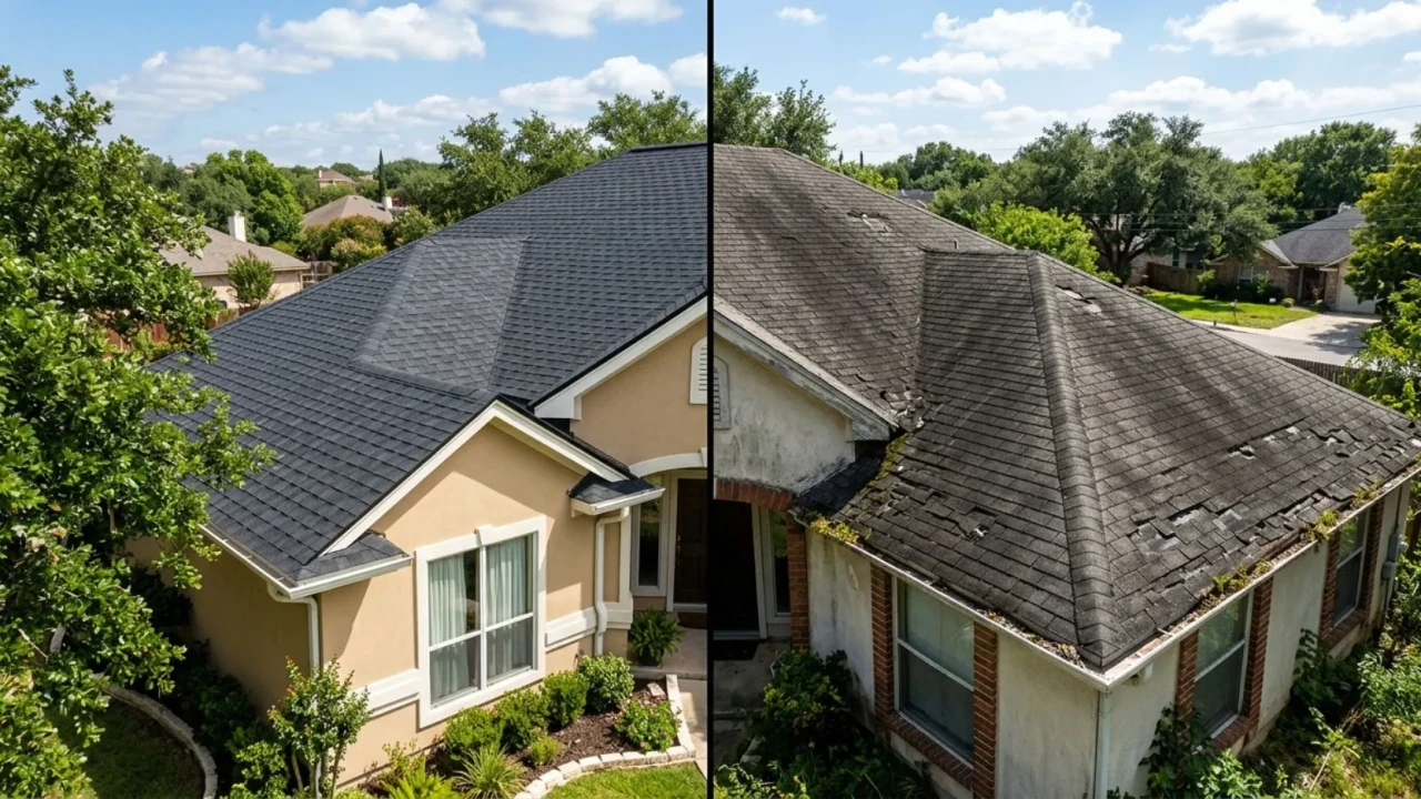 Well-maintained 15-year-old asphalt shingle roof versus neglected roof of the same age San Antonio