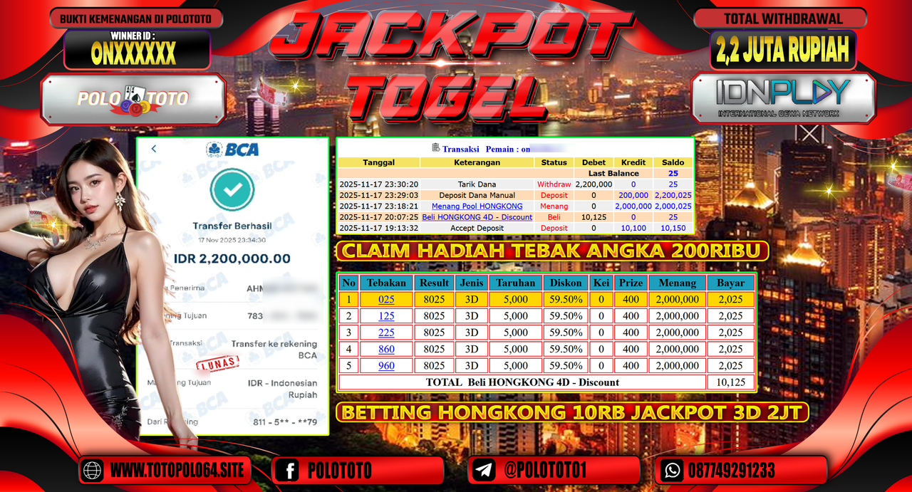POLOTOTO JACKPOT TOGEL MENANG HONGKONG LOTTO Rp.2.200.000,- LUNAS