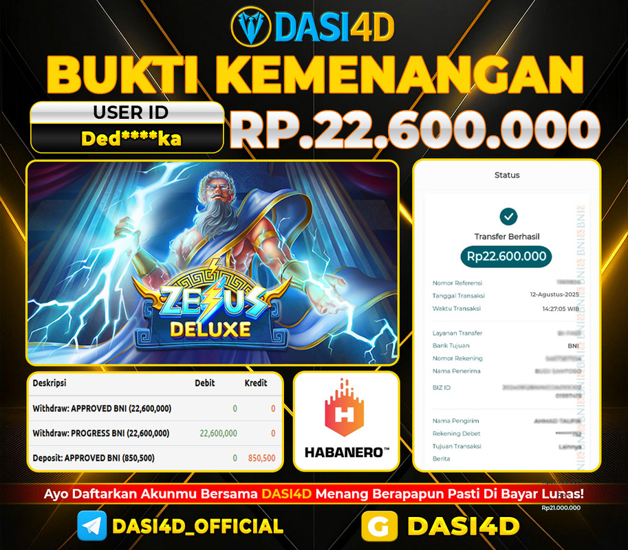 BUKTI KEMENANGAN 12 AGUSTUS 2025 DI ZEUS DELUXE WD 22.600.000