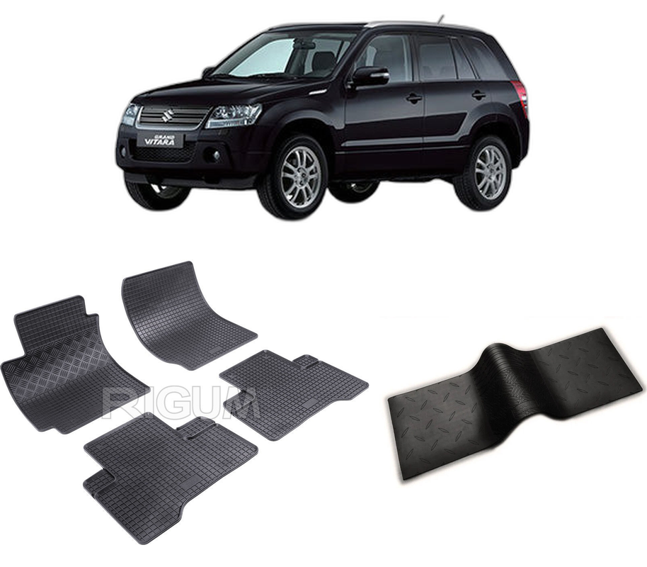 Set covorase auto SUZUKI GRAND VITARA II din 2005-02.2015, cu covoras tunel median, CAROSERIE SUV, Presuri cauciuc 100%, compatibil cu autoturismul SUZUKI GRAND VITARA II, Rigum