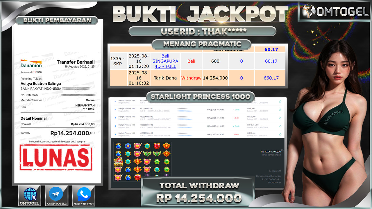 OMTOGEL JACKPOT PRAGMATIC PLAY STARLIGHT PRINCESS 1000 14 JUTA DI BAYAR LUNAS ,-