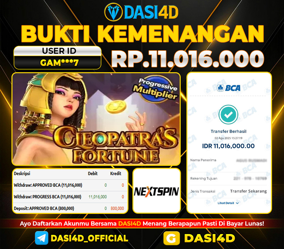 BUKTI KEMENANGAN 02 AGUSTUS DI CLEOPATRAS FORTUNE WD 11.016.000