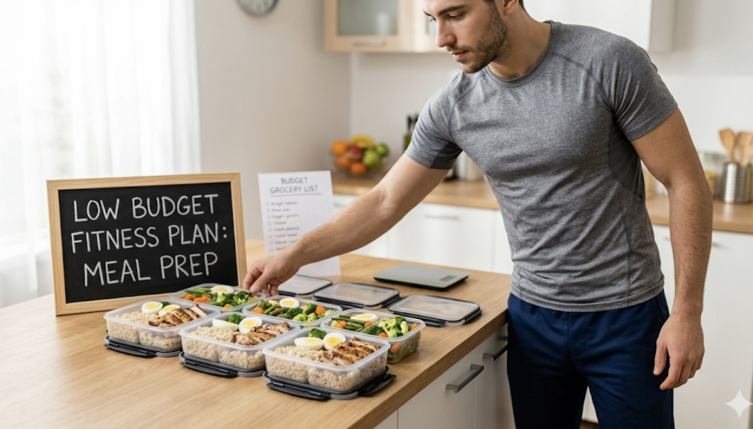 Infographic with money-saving tips for healthy eating on a low budget, illustrating cheap healthy diet plan and affordable fitness nutrition