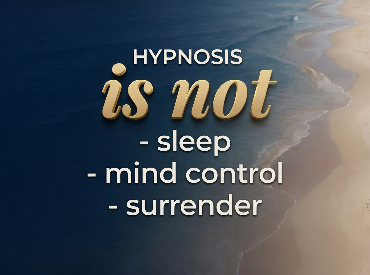 Graphic with an aerial beach background and text debunking misconceptions about hypnosis for performance anxiety, stating: "Hypnosis is not sleep, mind control, surrender."