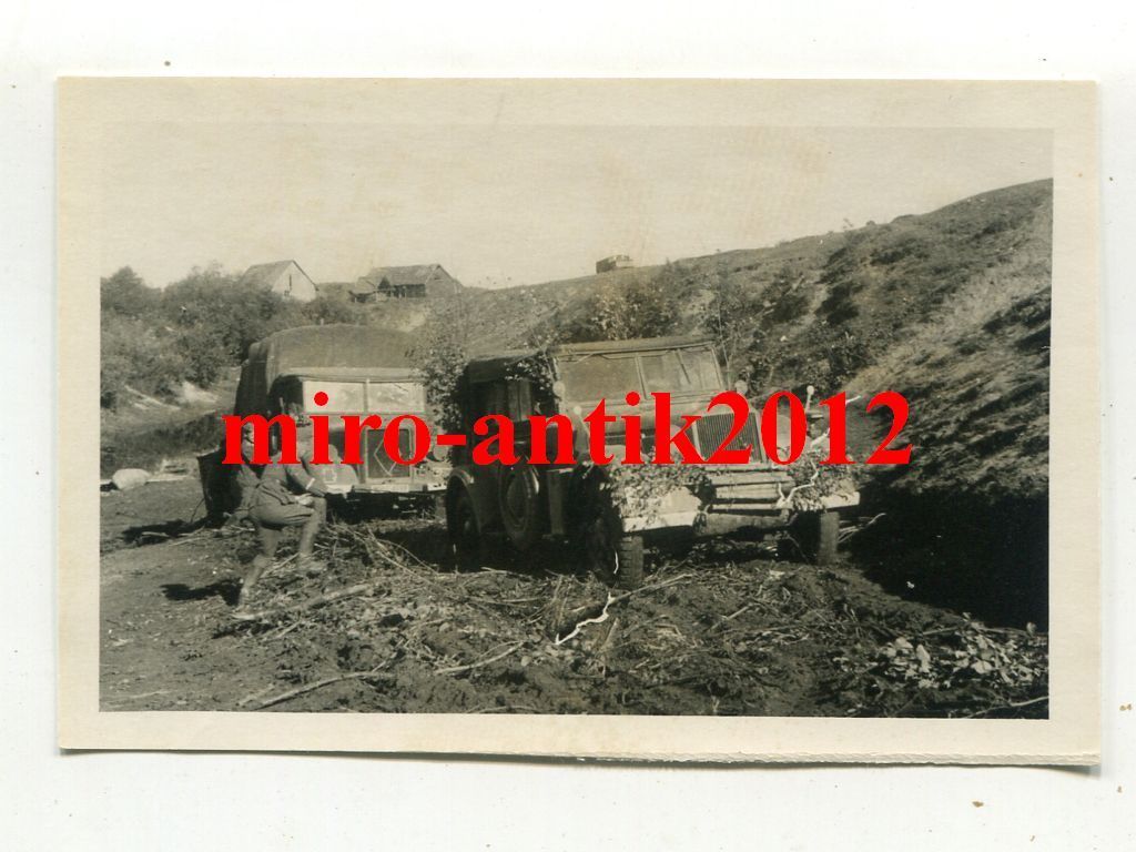 Foto, Wehrmacht, LKW, Kübelwagen, Flußdurchqueru