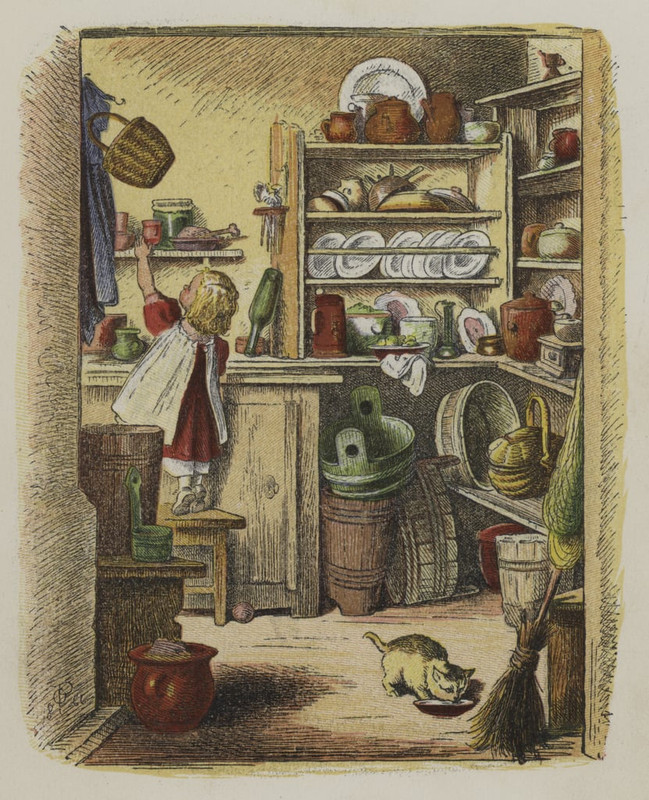 1-Oskar-Pletsch-Little-girl-reaching-for-an-item-on-a-high-shelf-colour-litho-Meister-Drucke-1