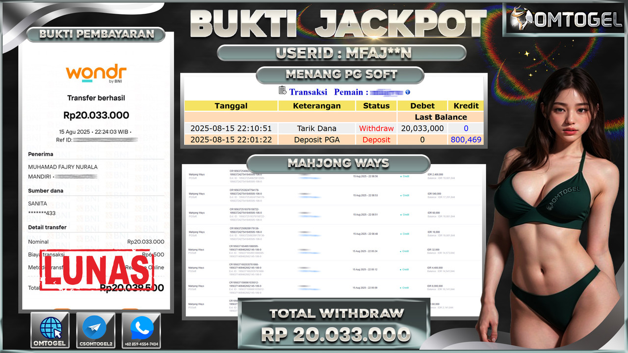 OMTOGEL JACKPOT PGSOFT MAHJONG WAYS 20 JUTA DI BAYAR LUNAS ,-