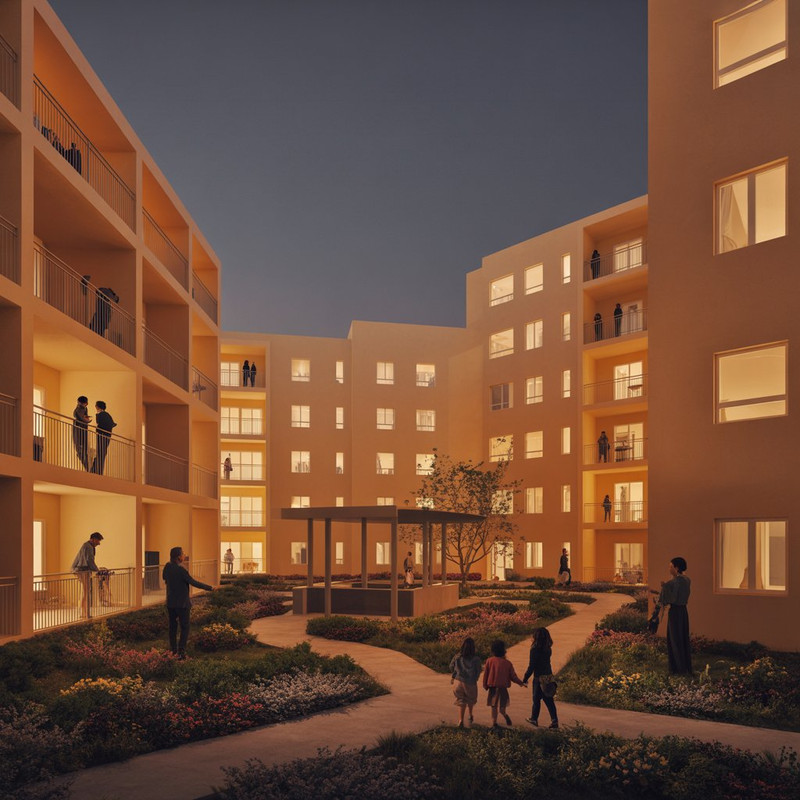 A courtyard of a multifamily residential building at dusk