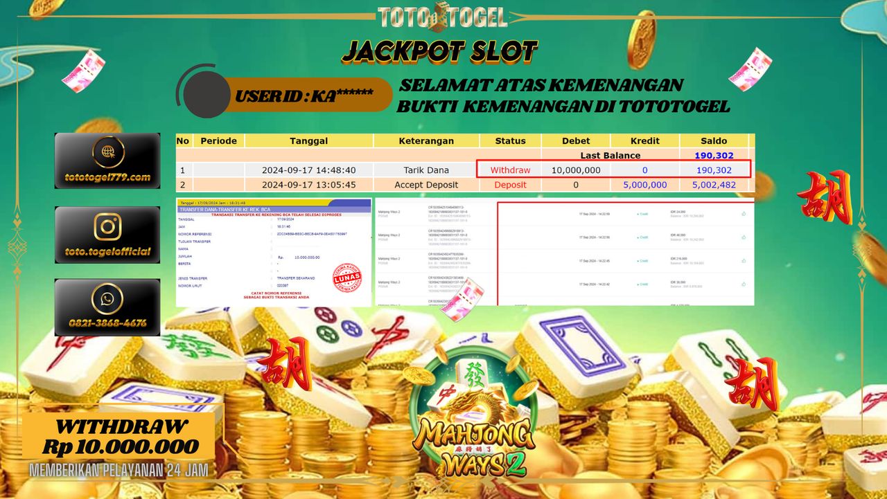Bukti Kemenangan Permainan Slot Mahjong Ways 2 Dengan ID : KA****** Terbayar Lunas!!