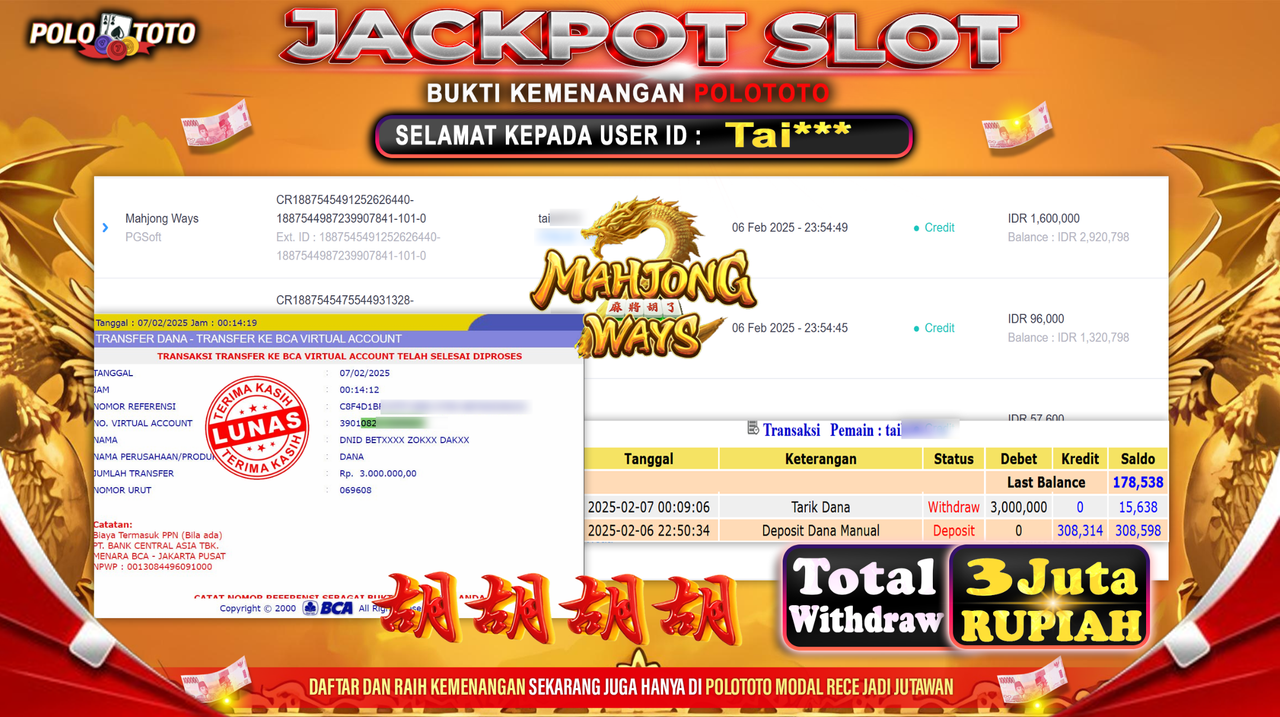 POLOTOTO JACKPOT SLOT MAHJONG WAYS Rp.3,000.000,-