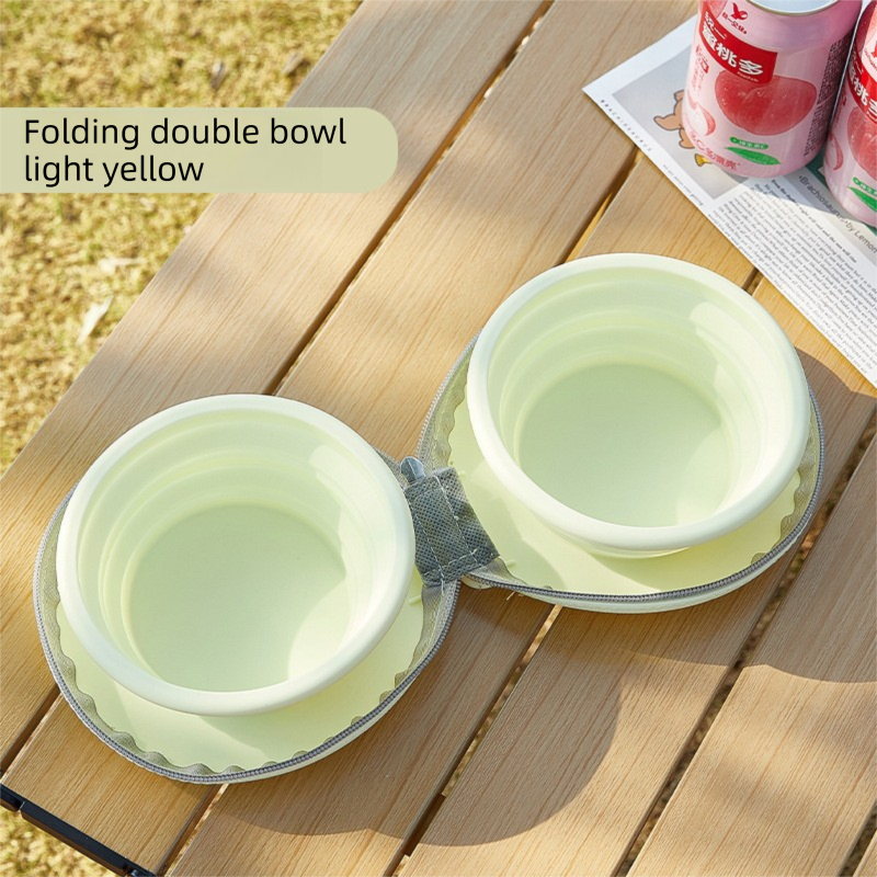 Yellow Portable Foldable Dual Bowl for Pets – Silicone Feeding and Water Dish with Compact Storage Design