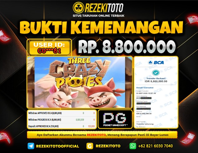 BUKTI KEMENANGAN 25 SEPTEMBER 2025 THREE CRAZY PIGGIES  8 JUTA 