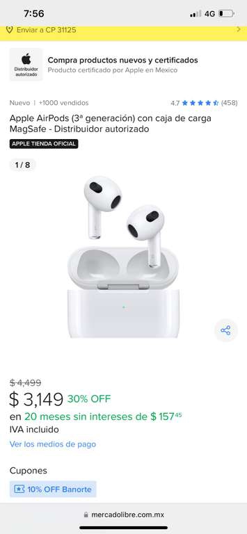 Mercado Libre: Airpods 3 gen carga MagSafe