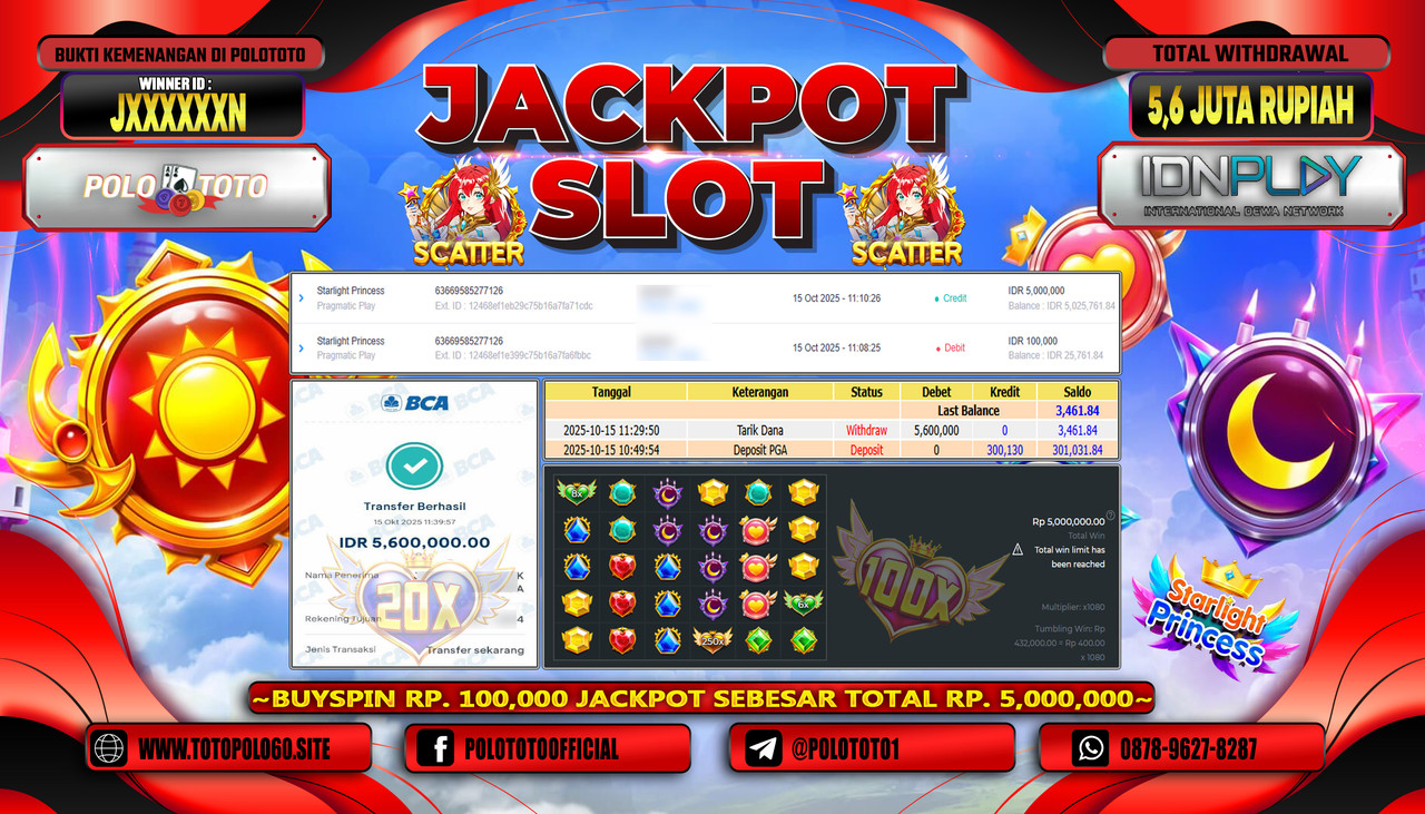 POLOTOTO JACKPOT SLOT STARLIGHT PRINCESS Rp.5.600.000,- LUNAS