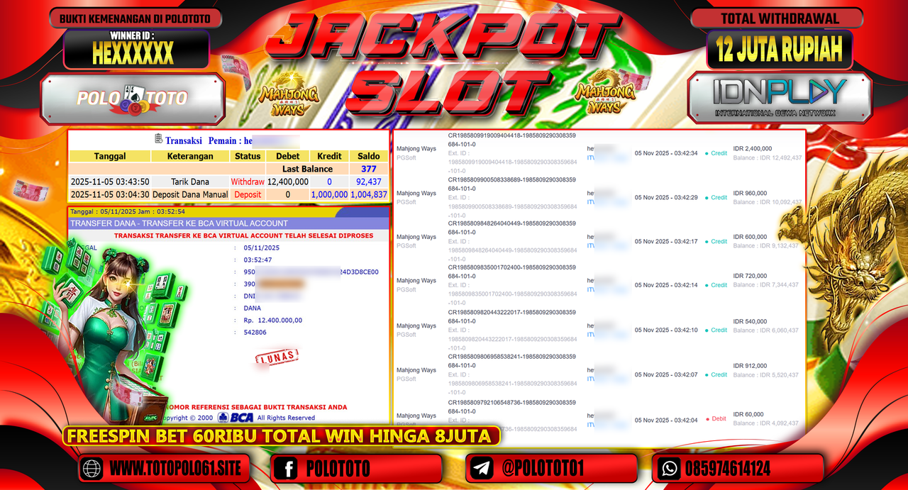 POLOTOTO JACKPOT SLOT MAHJONG WAYS Rp.12.000.000,- LUNAS