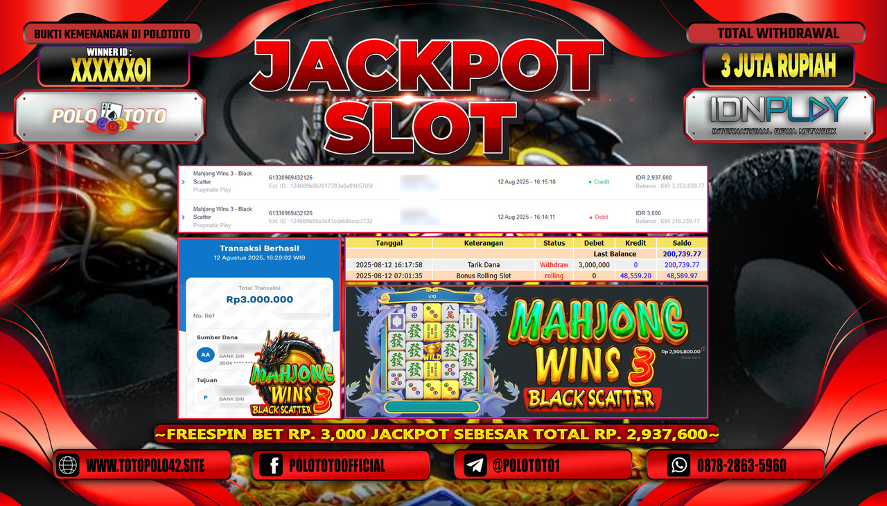POLOTOTO JACKPOT SLOT MAHJONG WINS 3 - BLACK SCATTER Rp.3.000.000,-LUNAS