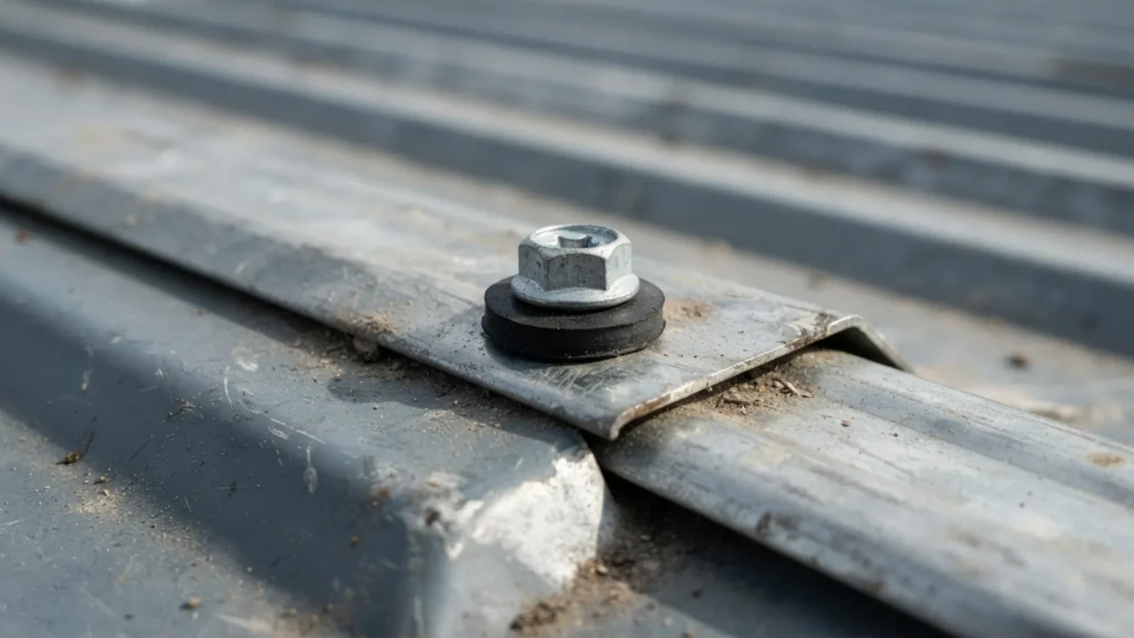 Close-up of corrugated metal panel seam and exposed fastener detail
