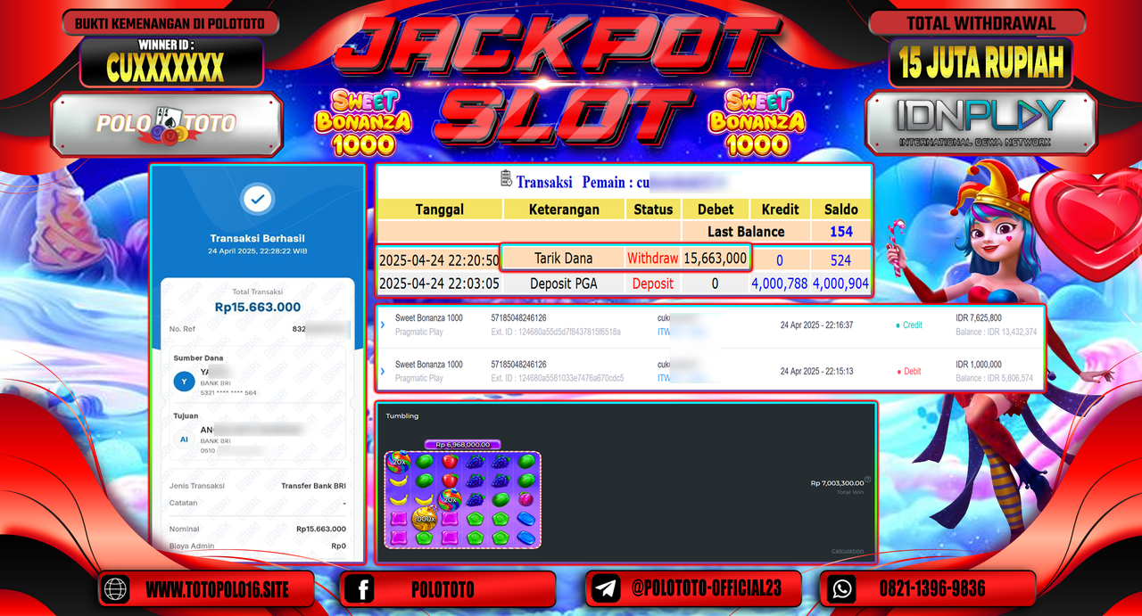 POLOTOTO JACKPOT SLOT SWEET BONANZA 1000 Rp.15.663.000,-