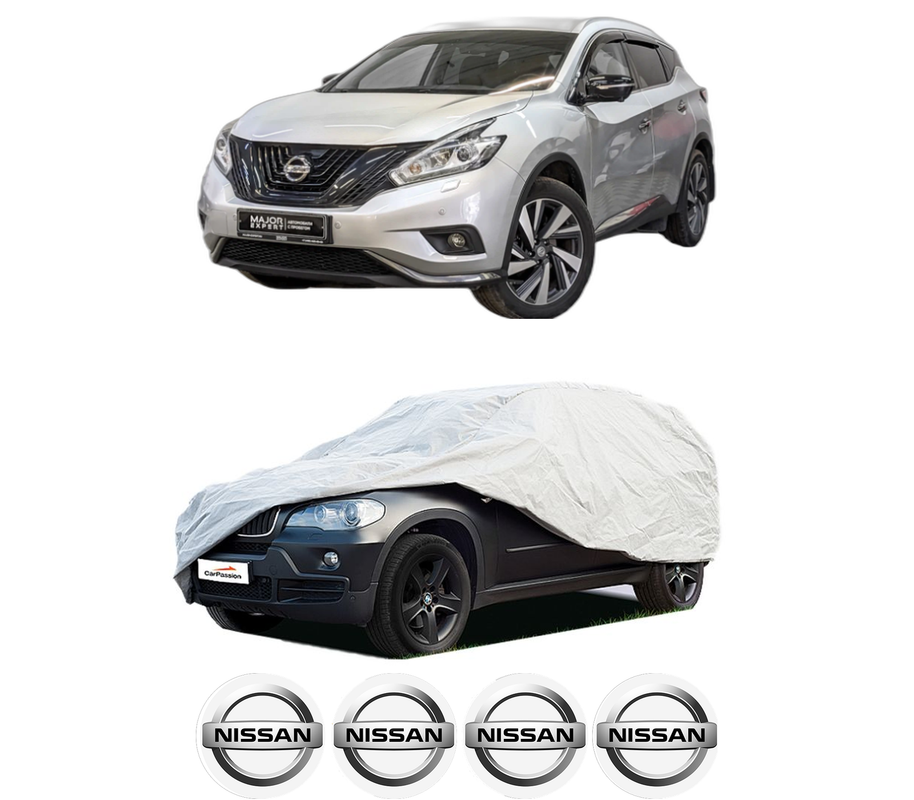 Husa tip prelata auto pentru NISSAN MURANO III (Z52_) din 2016, Culoare Gri, material textil impermeabil, rezistanta la intemperii praf UV, CARPASSION Husa Protectie, 4 Stickere auto cu NISSAN
