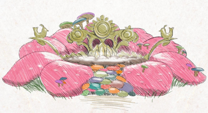 A Fairy Fountain as depicted in Breath of the Wild. It is a large, pink, flower-shaped fountain with a pool of misty, glowing water in the center, backed by decorative golden metalwork. The fountain's petals and steps are covered in colorful mushrooms.