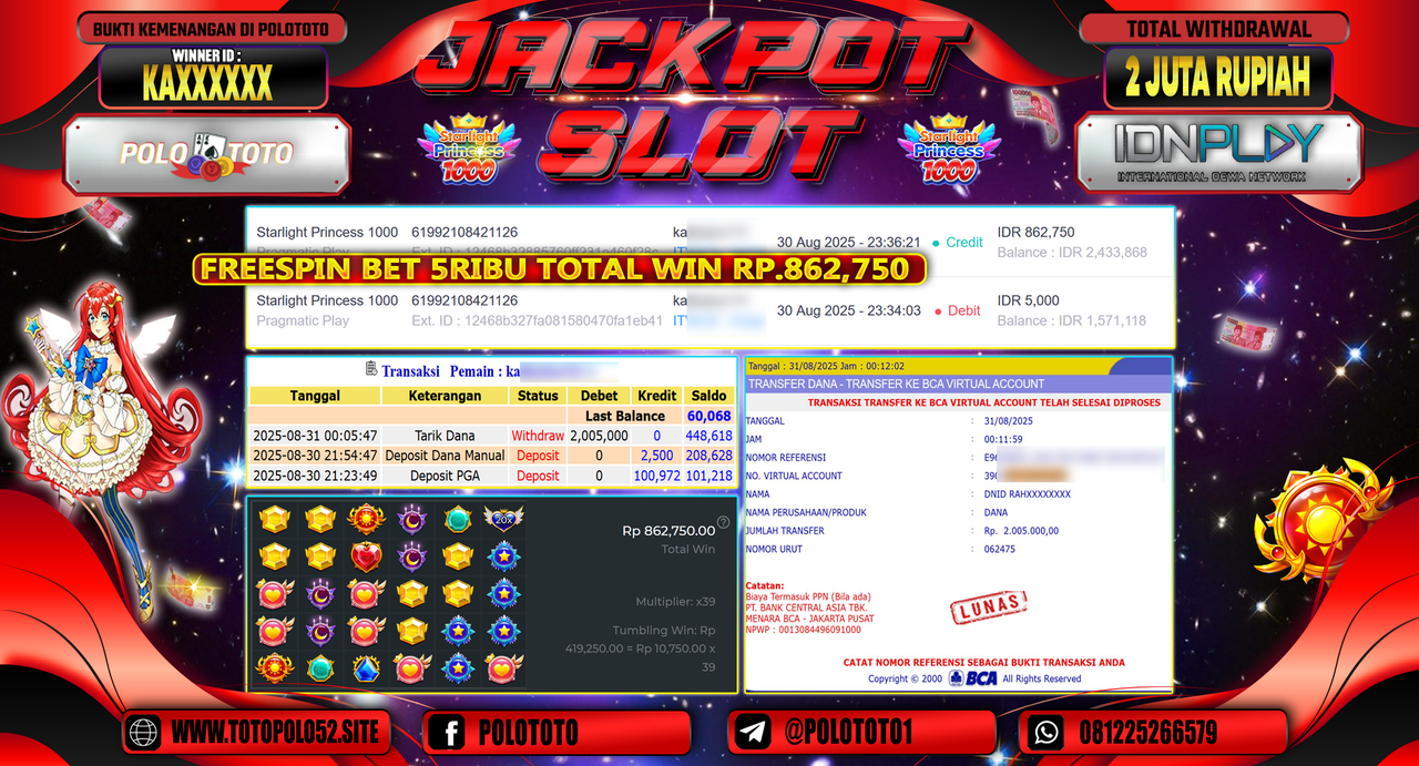 POLOTOTO JACKPOT SLOT STARLIGHT PRINCESS 1000 Rp.2.005.000,-