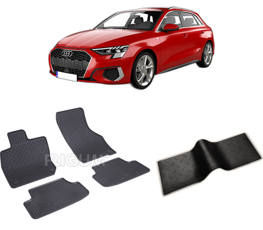 Set covorase auto AUDI A3 8Y din 03.2020-PREZENT, cu covoras tunel median, CAROSERIE HATCHBACK, Presuri cauciuc 100%, compatibil cu autoturismul AUDI A3 8Y, Rigum