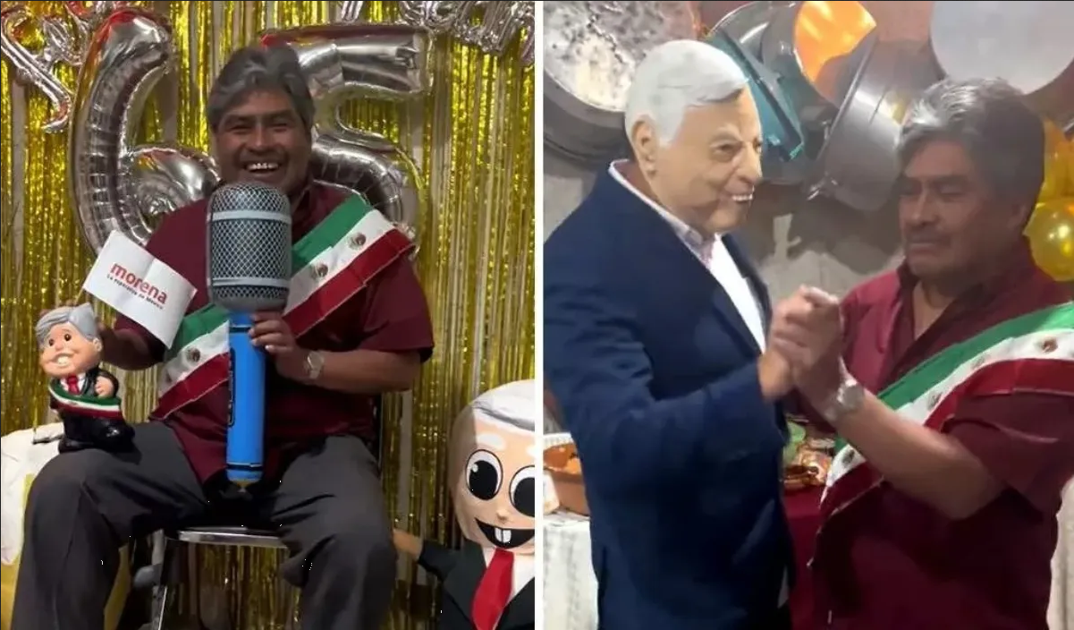 Abuelito hace fiesta de cumpleaños con temática de la Pensión Bienestar (Video)