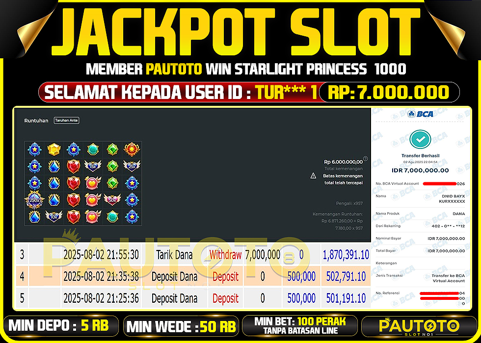 BUKTI PEMBAYARAN TGL 2 AGUSTUS2025 MENANG DI PERMAINAN STARLIGHT PRINCES 1000 TOTAL WD 7 JUTA