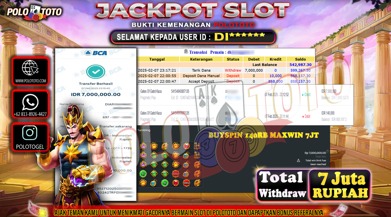 POLOTOTO JACKPOT SLOT GATES OF GATOT KACA 1000 Rp.7,000.000,-