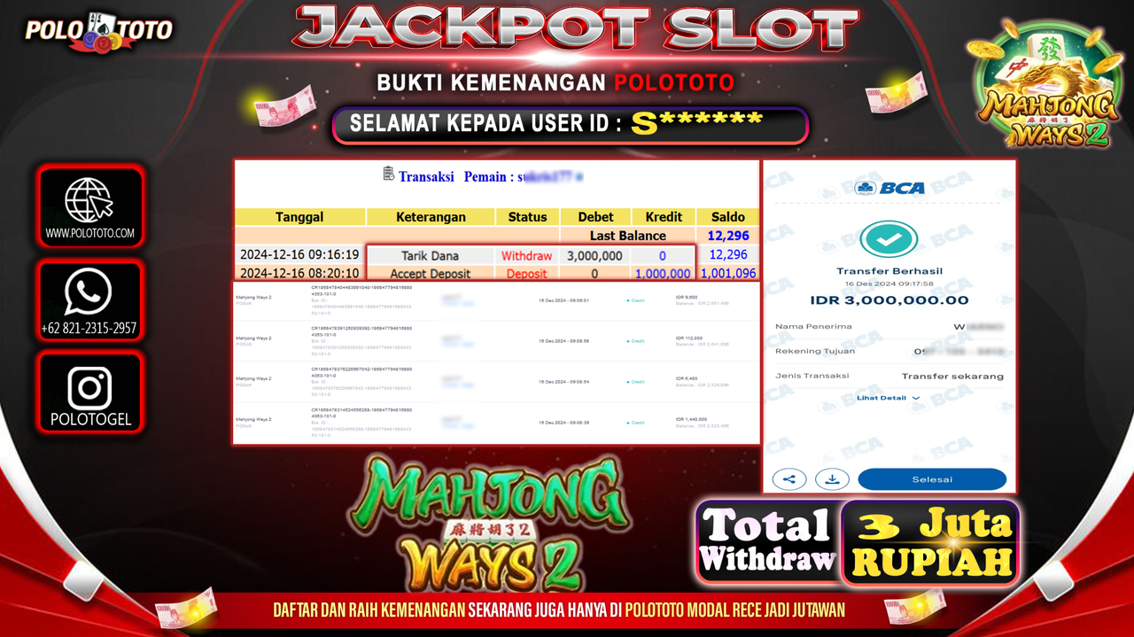 POLOTOTO JACKPOT SLOT MAHJONG WAYS 2 Rp.3,000.000,-