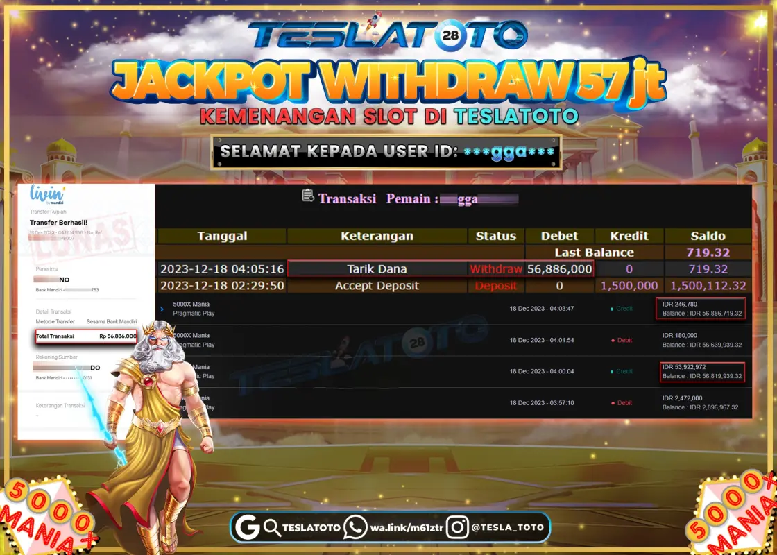 TESLATOTO JACKPOT SLOT 5000x MANIA  Rp. 57.000.000 LUNAS