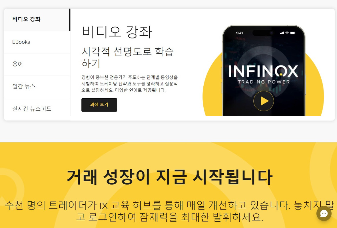비디오 코스와 거래 학습 자료가 있는 Infinox 교육 허브.