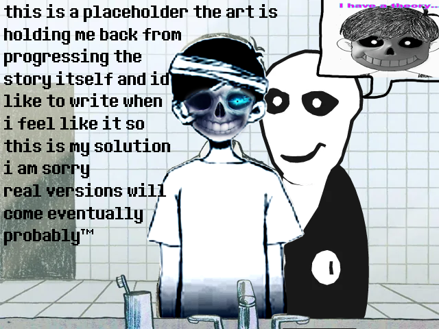 Placeholder of what is intended to be an OMORI inspired mockup of Sans (Sunny) looking into a mirror, as it would be seen in the game.