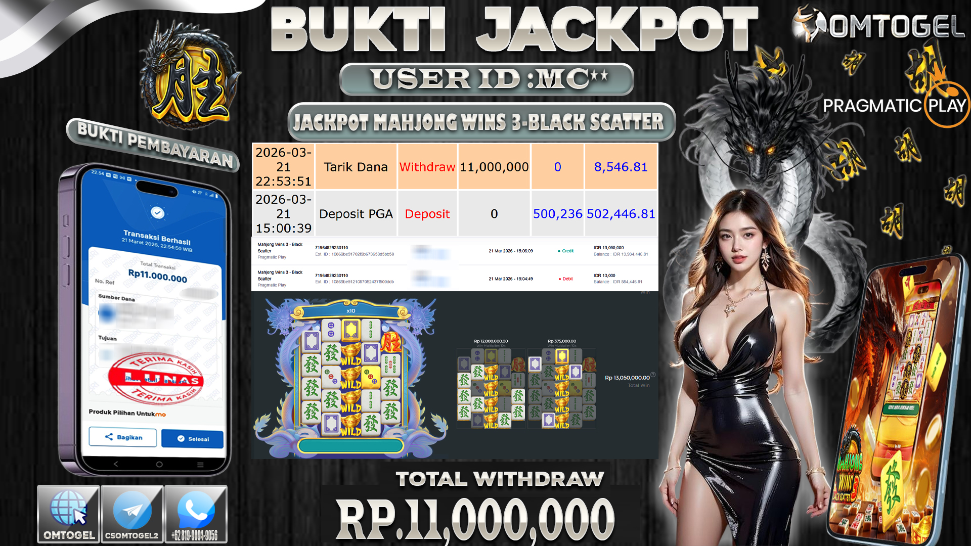 OMTOGEL JACKPOT PRAGMATIC PLAY MAHJONG WINS 3 - BLACK SCATTER, 11 JUTA DI BAYAR LUNAS ,-