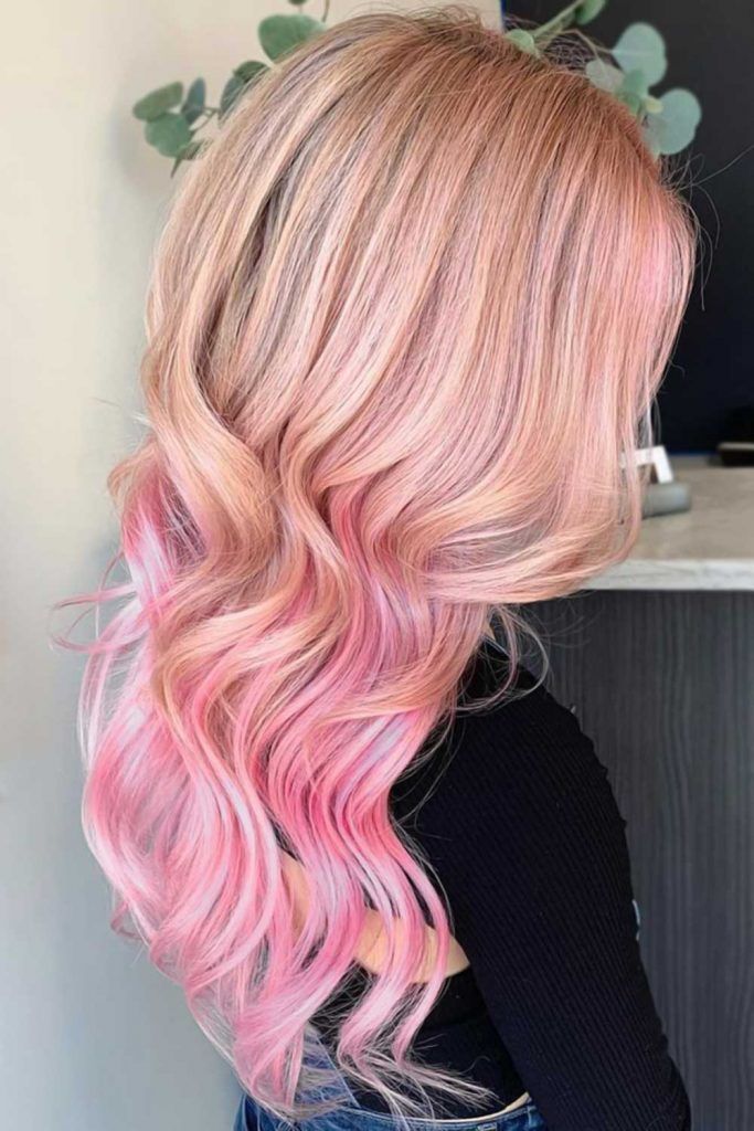 Light blonde hair with pink highlights
