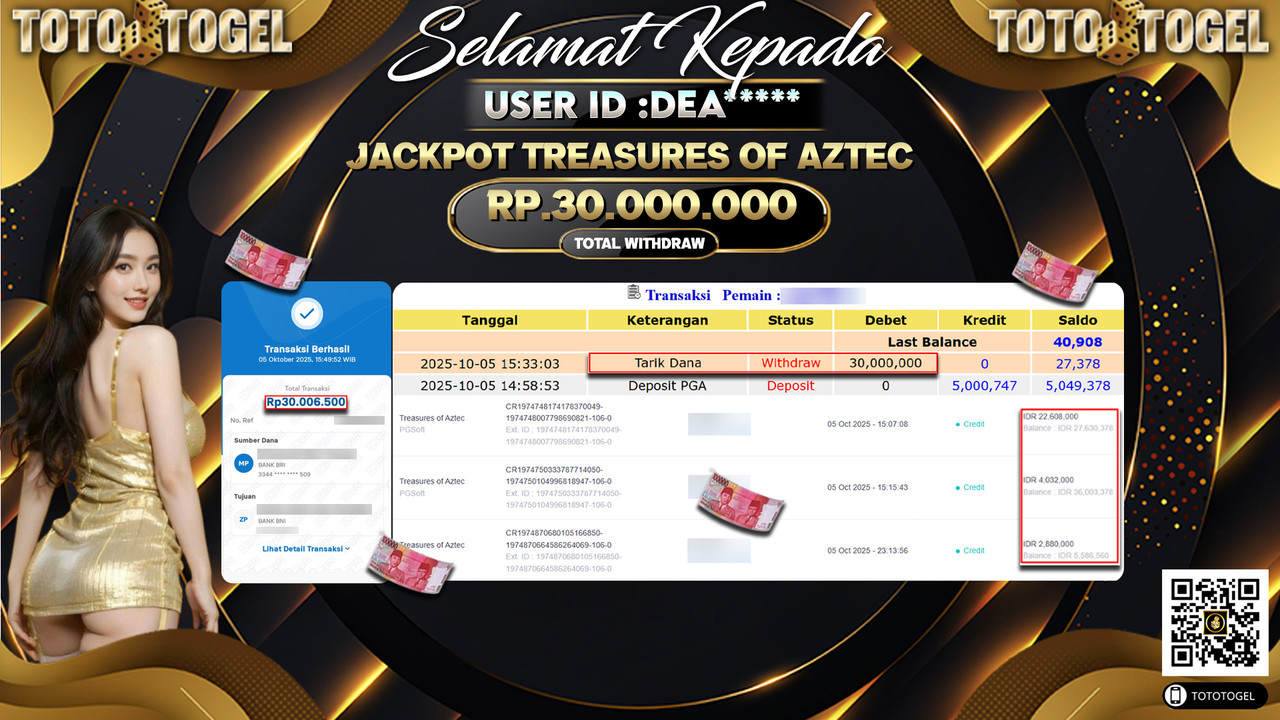 Bukti Pembayaran Jackpot Permainan Slot Treasures Of Aztec ID:DEA*** LUNAS