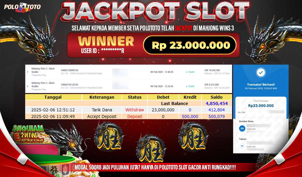 POLOTOTO JACKPOT SLOT MAHJONG WINS 3 BLACK SCATTER Rp.23,000.000,-