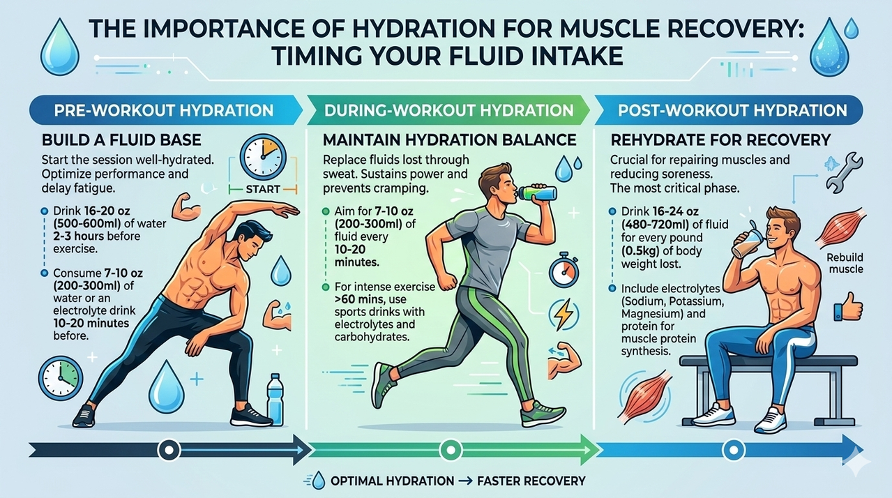 Infographic showing pre-workout, during, and post-workout hydration timing for importance of hydration in muscle recovery