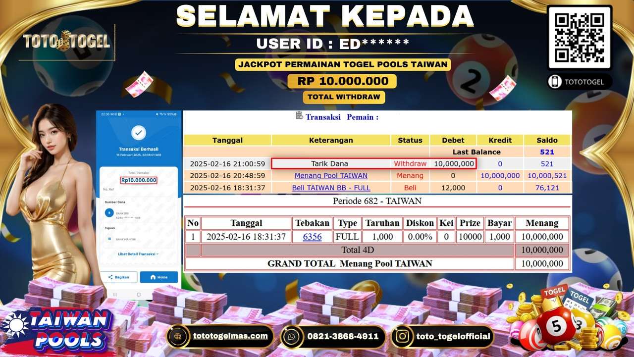 Bukti Pembayaran Jackpot  Permainan Togel Pools Taiwan  ID:ED**** LUNAS