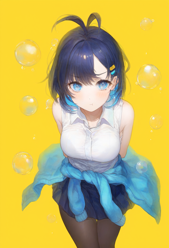 1girl, watercolor (medium), {yellow background}, from above, pale skin, blue eye s-3573835864