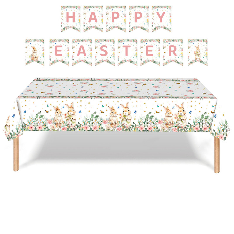 Easter Party Decoration Set – Floral Bunny Tablecloth 137x274cm + Happy Easter Banner, Spring-Themed Decor for Festive Gatherings