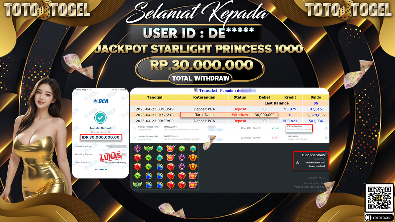 Bukti Pembayaran Jackpot  Permainan Slot Starlight Princess 1000 ID:DE***** LUNAS