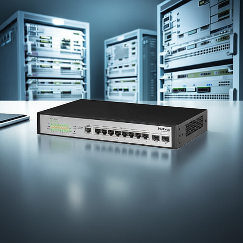 Vista traseira do Switch Intelbras SG 1002 PoE L2+ com entrada de energia.