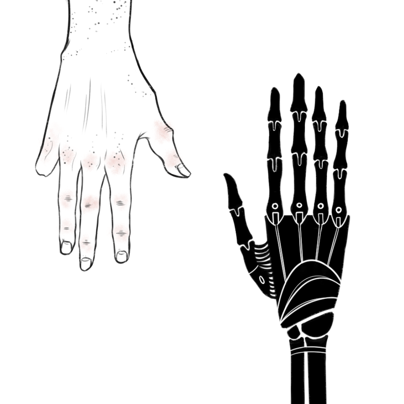a black and white drawing of two hands. One is a prosthetic closely resembling a skeletal hand. The other is a flesh hand, with long fingers and large knuckles, dotted with freckles. They are posed opposite of each other. The view is from above.